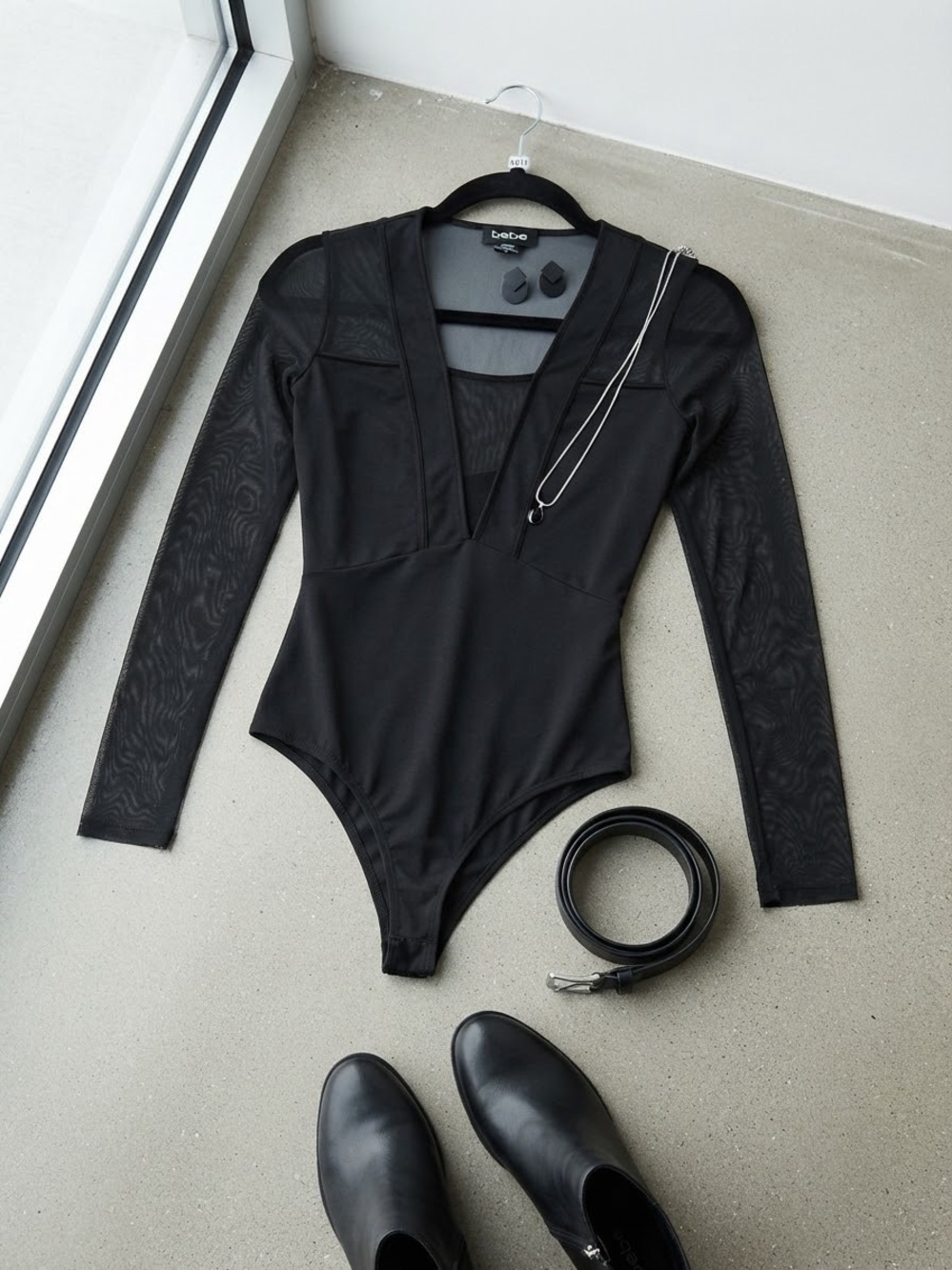 bebe Black Deep V-Neck Long-Sleeve Mesh Bodysuit
